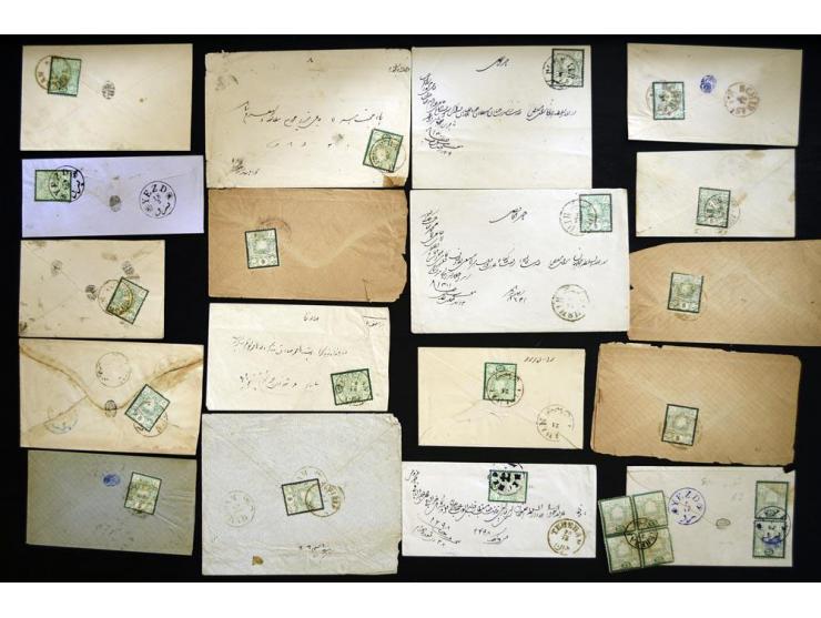 1882/84, Sun issue, 38 covers with 25 ch. green (7) and 5 ch. green; some not quite complete or faulty, but generally fine