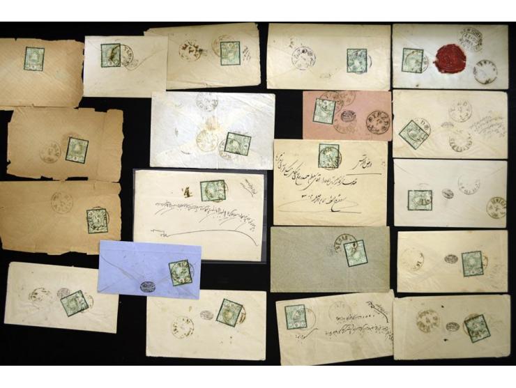 1882/84, Sun issue, 38 covers with 25 ch. green (7) and 5 ch. green; some not quite complete or faulty, but generally fine