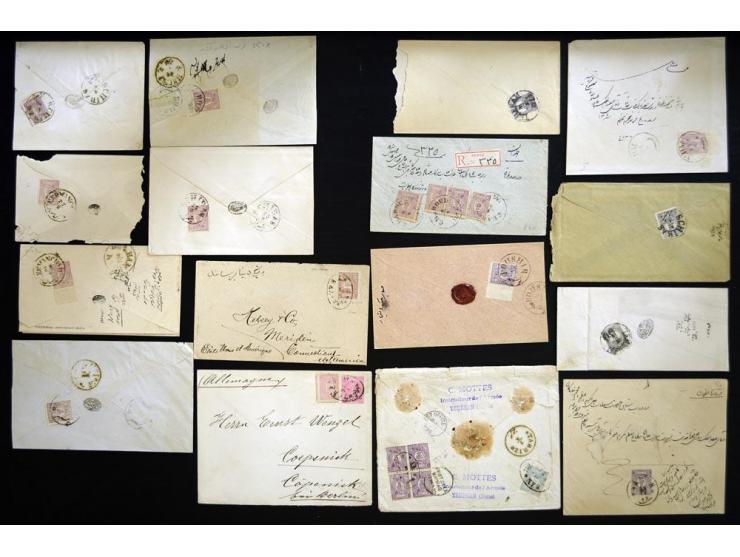 1889, lion and Nasreddin, 46 covers incuding 7 ch. franking to US, registered items, colour frankings, etc.