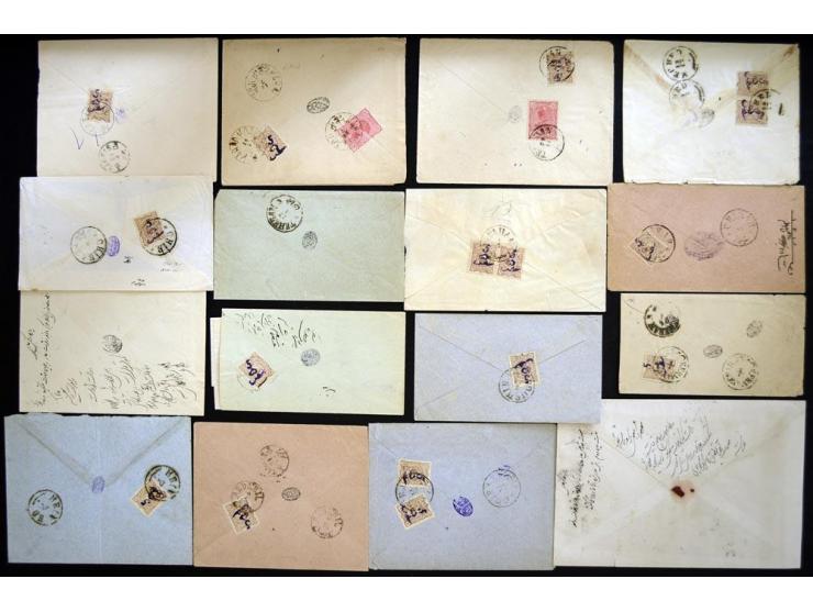 1900; Five Shahis Surcharge Provisional Issue; 5 ch. Surcharge on 8 ch. brown Lion Issue; 29 covers franked with this stamp, 