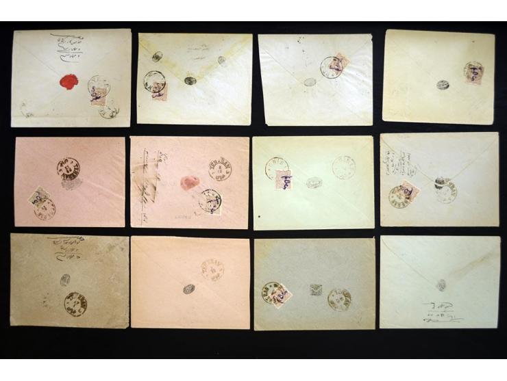 1900; Five Shahis Surcharge Provisional Issue; 5 ch. Surcharge on 8 ch. brown Lion Issue; 29 covers franked with this stamp, 