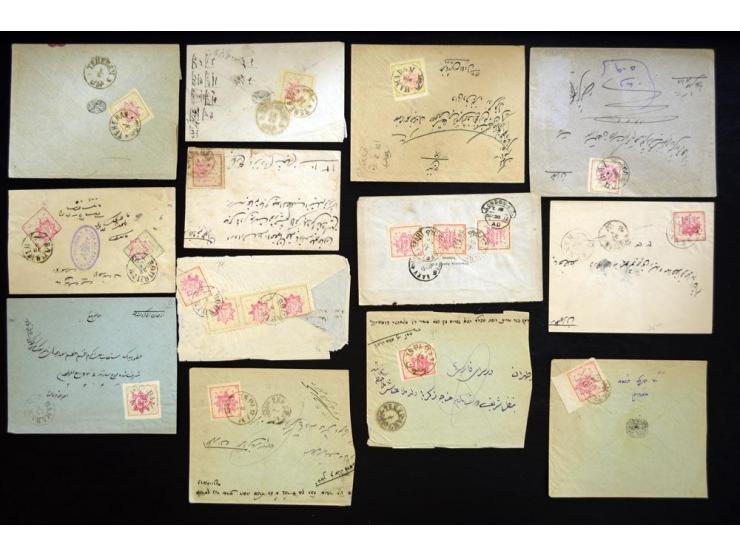 1902, Teheran Typeset issues, approximately 145 covers and pieces franked with various denominations of the Teheran Typeset I