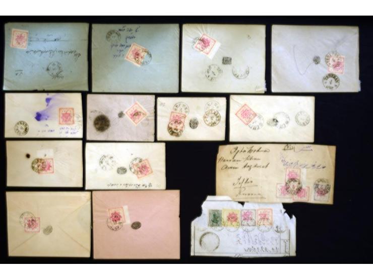 1902, Teheran Typeset issues, approximately 145 covers and pieces franked with various denominations of the Teheran Typeset I