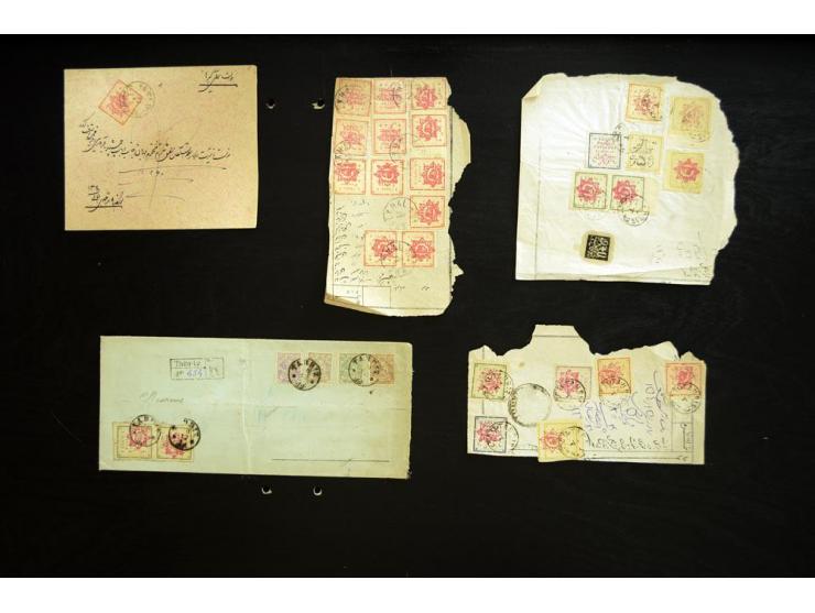 1902, Teheran Typeset issues, approximately 145 covers and pieces franked with various denominations of the Teheran Typeset I