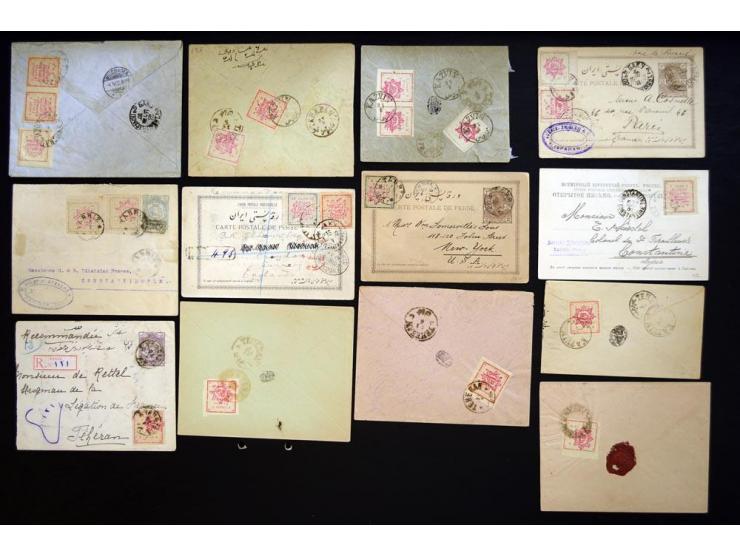 1902, Teheran Typeset issues, approximately 145 covers and pieces franked with various denominations of the Teheran Typeset I