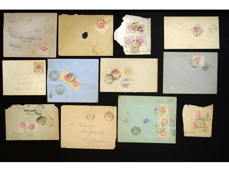 1902, Teheran Typeset issues, approximately 145 covers and pieces franked with various denominations of the Teheran Typeset I
