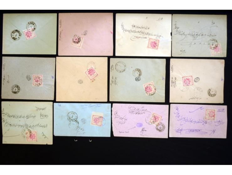 1902, Teheran Typeset issues, approximately 145 covers and pieces franked with various denominations of the Teheran Typeset I