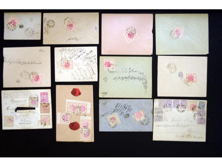 1902, Teheran Typeset issues, approximately 145 covers and pieces franked with various denominations of the Teheran Typeset I