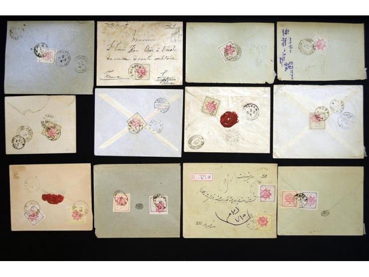 1902, Teheran Typeset issues, approximately 145 covers and pieces franked with various denominations of the Teheran Typeset I
