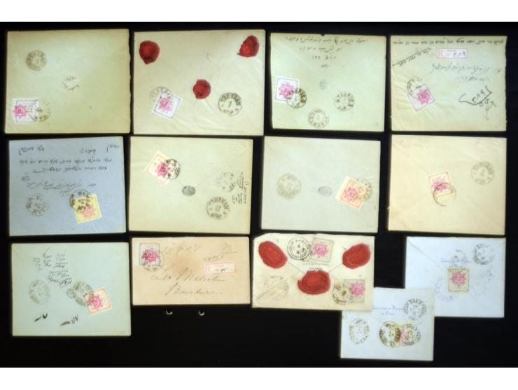 1902, Teheran Typeset issues, approximately 145 covers and pieces franked with various denominations of the Teheran Typeset I
