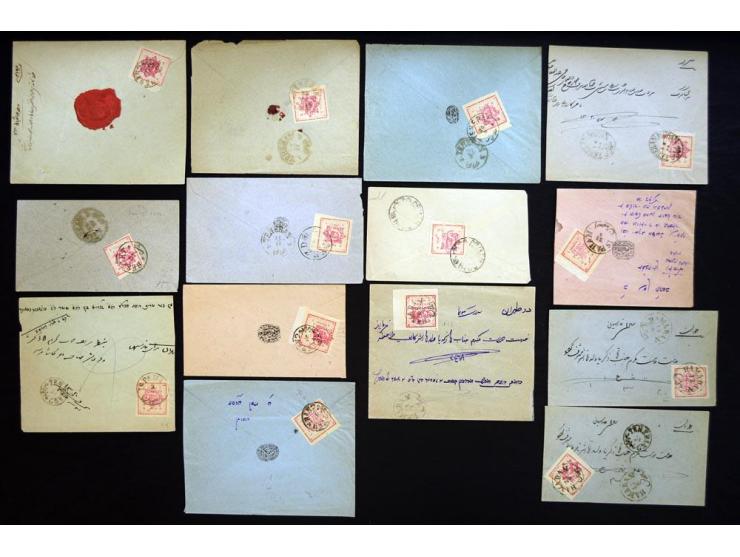 1902, Teheran Typeset issues, approximately 145 covers and pieces franked with various denominations of the Teheran Typeset I
