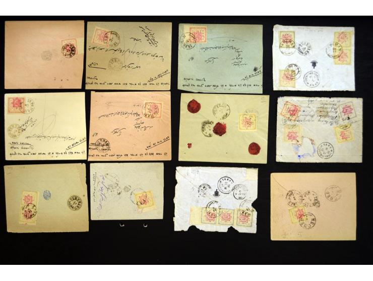 1902, Teheran Typeset issues, approximately 145 covers and pieces franked with various denominations of the Teheran Typeset I