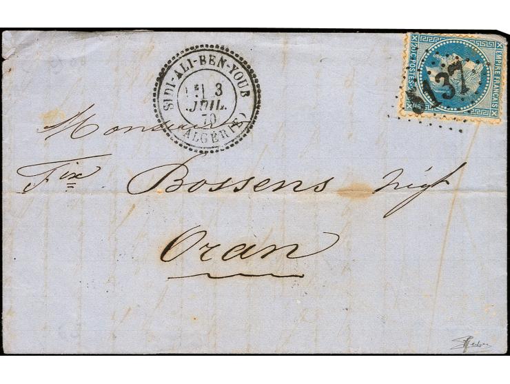 "5137", GC very clear on Napoleon Lauré 20 c. blue (applied dammaged) on entire letter with adjacent "SIDI-ALI-BEN YOUB 3 JUI