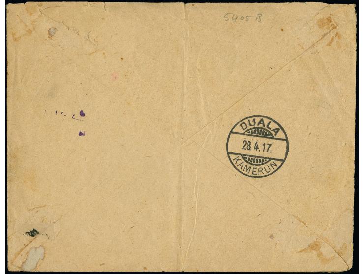 1917, "JAUNDE 21.4.17 CAMERUN", violet three line cancel on French fieldpost cover via Dula with old German cancel to Camp Ga