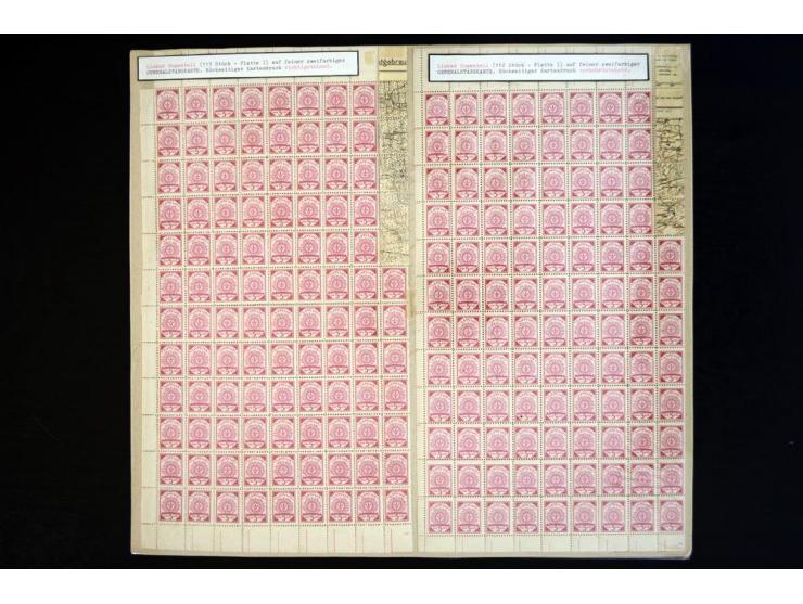 1918/30, interessante Partie Bogen(teile), dabei diverse Bogenteile Mi.-Nr. 2, außerdem dabei Kehrdrucke, 5 K. rot im Doppelb