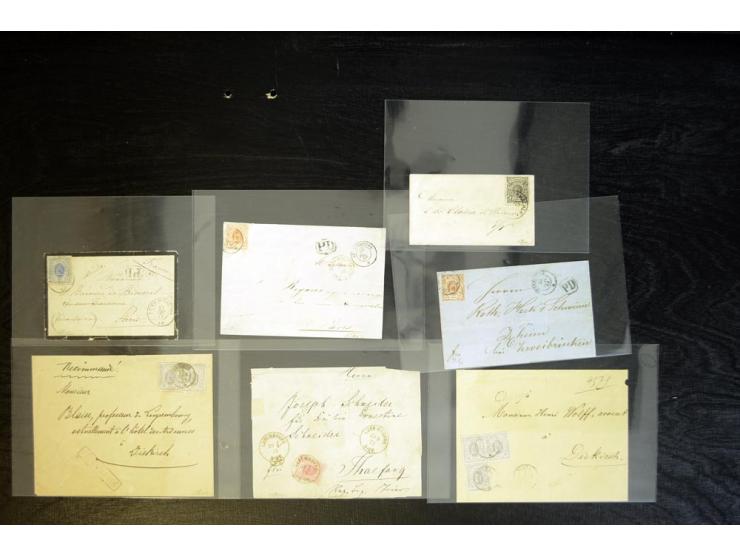 1865/80 (ca.), 32 Briefe und Karten, dabei Einzelfrankaturen Nr. 8 und 11, Mehrfachfrankaturen etc., interessantes Lot