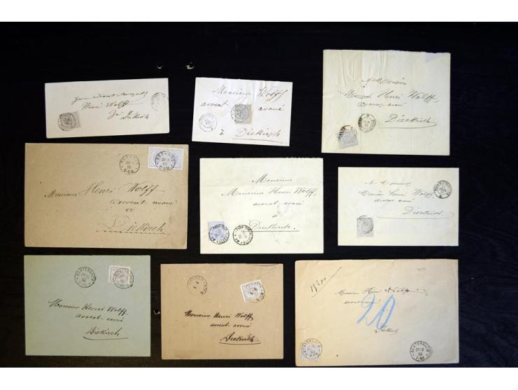 1865/80 (ca.), 32 Briefe und Karten, dabei Einzelfrankaturen Nr. 8 und 11, Mehrfachfrankaturen etc., interessantes Lot