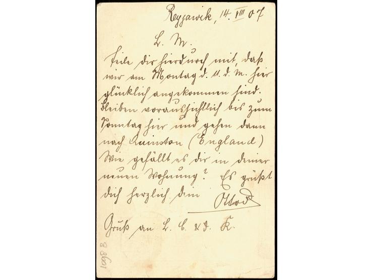 SHIP MAIL MARKINGS: "QUEENSTOWN SHIP LETTER", clear on postal stationery card 10 a. from "REYKJAVIK 14.8.07" with long text t