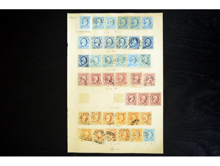 1852/1920, sehr interessante Partie auf alten Auswahlblättern, dabei Mi.-Nr. 1(21), 2(12), 3(11), dabei auch Paare und Randst