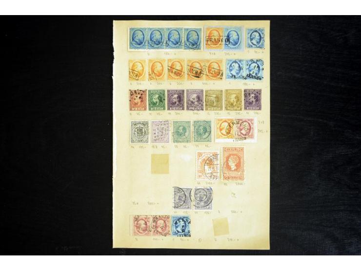 1852/1920, sehr interessante Partie auf alten Auswahlblättern, dabei Mi.-Nr. 1(21), 2(12), 3(11), dabei auch Paare und Randst