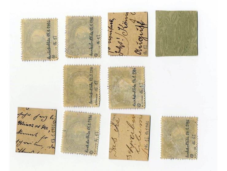 1916, 10 F/PF., 10x gestempelt bzw. auf Briefstück, gute Erhaltung (Mi.-Nr. 1I; Mi. 6.000,-)