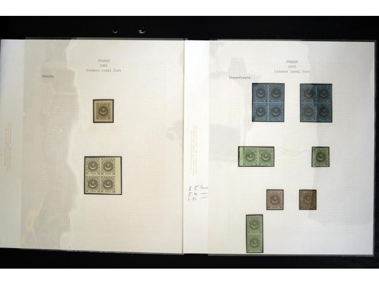 LIANNOS POST: 1865, the exhibit collection on 13 sheets with 20 pa. proof block of 4, imperforated blocks and pairs incl. one