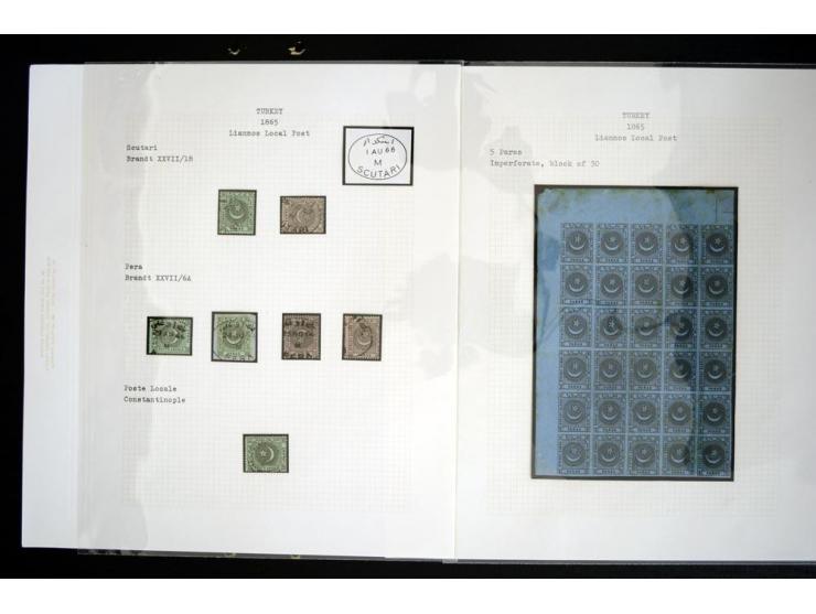 LIANNOS POST: 1865, the exhibit collection on 13 sheets with 20 pa. proof block of 4, imperforated blocks and pairs incl. one