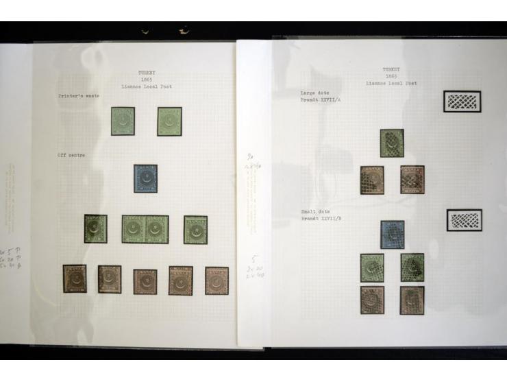 LIANNOS POST: 1865, the exhibit collection on 13 sheets with 20 pa. proof block of 4, imperforated blocks and pairs incl. one