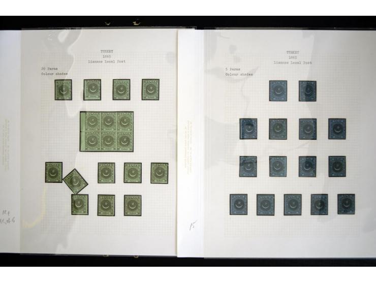 LIANNOS POST: 1865, the exhibit collection on 13 sheets with 20 pa. proof block of 4, imperforated blocks and pairs incl. one