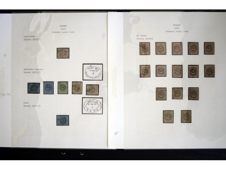 LIANNOS POST: 1865, the exhibit collection on 13 sheets with 20 pa. proof block of 4, imperforated blocks and pairs incl. one