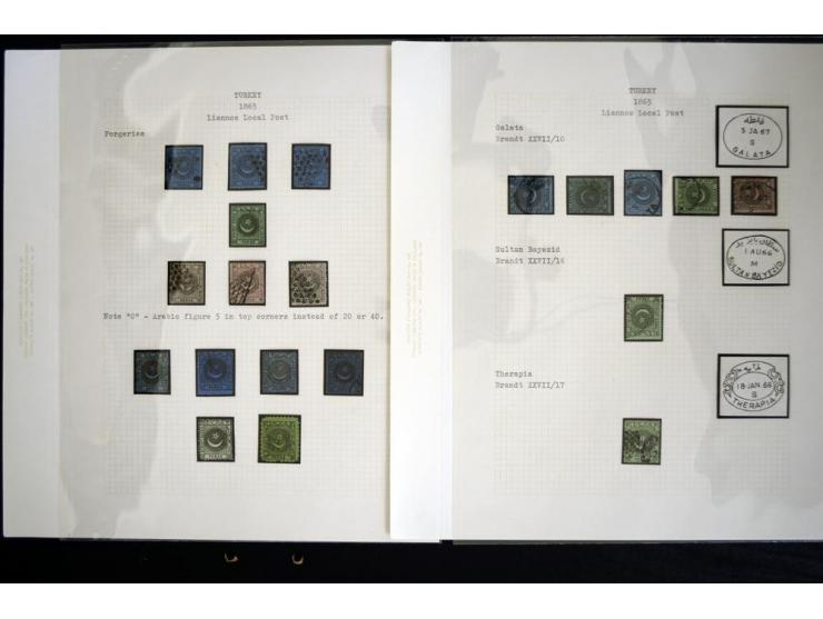 LIANNOS POST: 1865, the exhibit collection on 13 sheets with 20 pa. proof block of 4, imperforated blocks and pairs incl. one