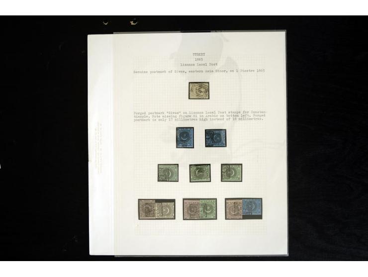 LIANNOS POST: 1865, the exhibit collection on 13 sheets with 20 pa. proof block of 4, imperforated blocks and pairs incl. one