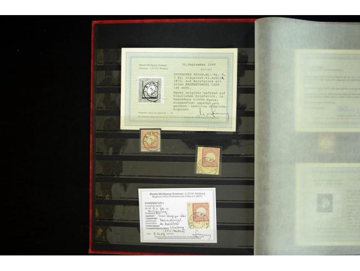 1872/74, nachverwendete Badenstempel auf meist verschiedenen Brustschildmarken, dabei EKr. "KEHL" auf Mi.-Nr. 4 währungsfremd