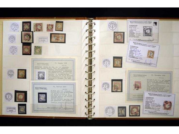 1872/75, Nachverwendete Hannoverstempel: Sammlung mit 50 Einzelmarken/Briefstücken und 4 Belegen, meist verschiedene auf Brus