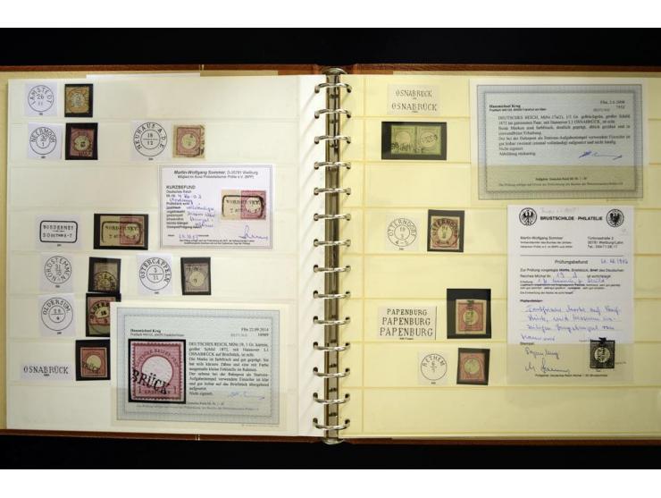 1872/75, Nachverwendete Hannoverstempel: Sammlung mit 50 Einzelmarken/Briefstücken und 4 Belegen, meist verschiedene auf Brus