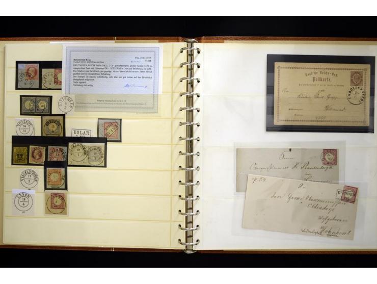1872/75, Nachverwendete Hannoverstempel: Sammlung mit 50 Einzelmarken/Briefstücken und 4 Belegen, meist verschiedene auf Brus