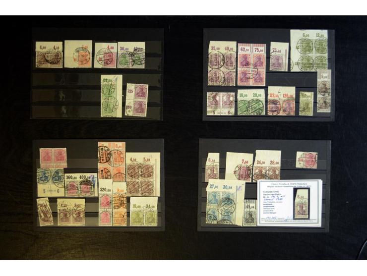 1920, Partie mit gestempelten Randmarken der Germania-Ausgabe ex Mi.-Nr. 140-153, dabei 37 Werte mit Oberrändern (zum Teil in