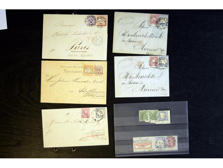 1875, 6 Belege mit Mischfrankaturen Großer Schild und Pfennige, dabei Mi.-Nr. 29 und 32 auf Brief nach Paris, dazu 5 Briefstü