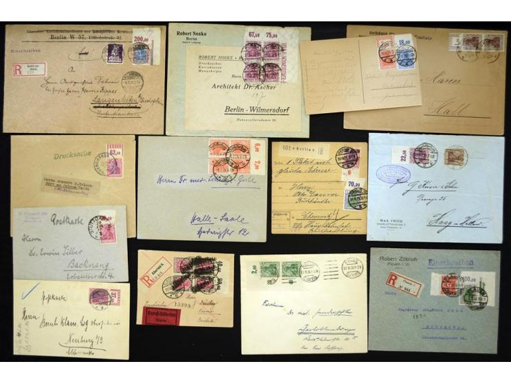 1920, 17 Marken mit Platten- und Walzenoberrändern ex Mi.-Nr. 140-153 auf 13 Briefen und Karten, dabei Viererblocks, Bogeneck