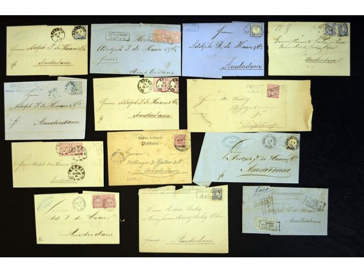 1857/74 (ca.), über 60 frankierte Briefe aus einer Firmen- und Familienkorrespondenz nach Amsterdam, dabei viele interessante