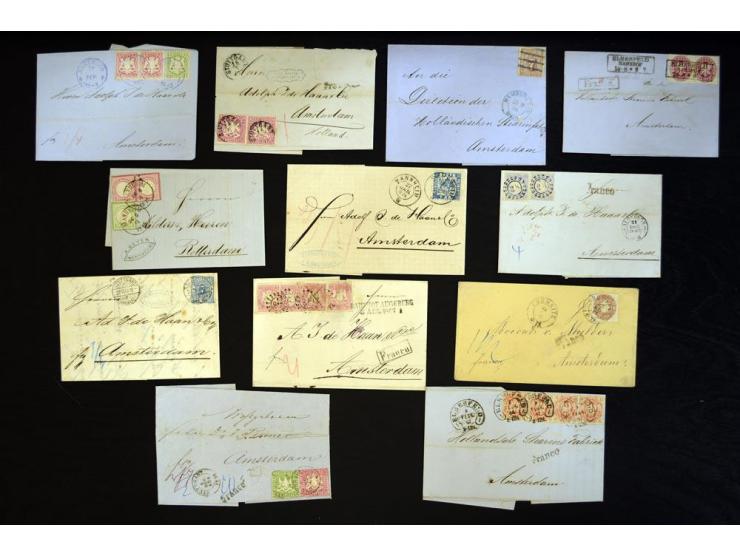 1857/74 (ca.), über 60 frankierte Briefe aus einer Firmen- und Familienkorrespondenz nach Amsterdam, dabei viele interessante