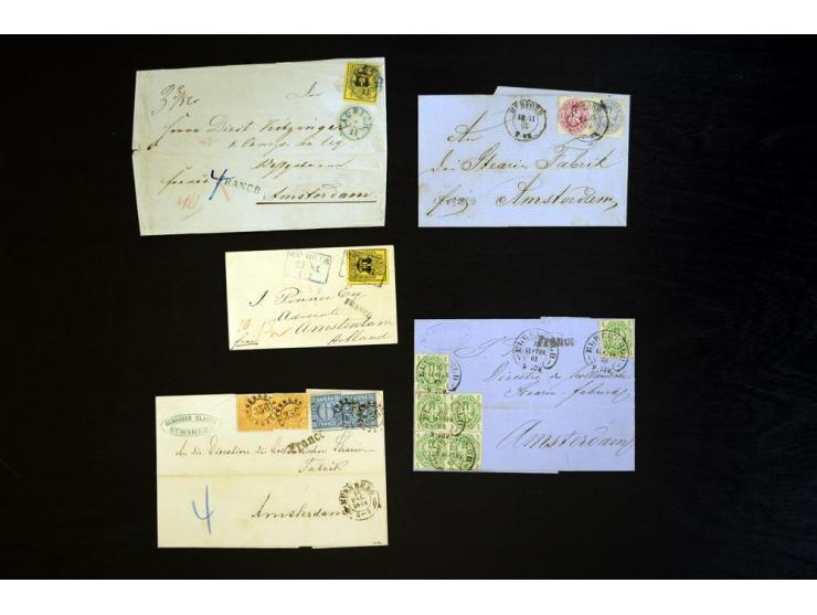 1857/74 (ca.), über 60 frankierte Briefe aus einer Firmen- und Familienkorrespondenz nach Amsterdam, dabei viele interessante