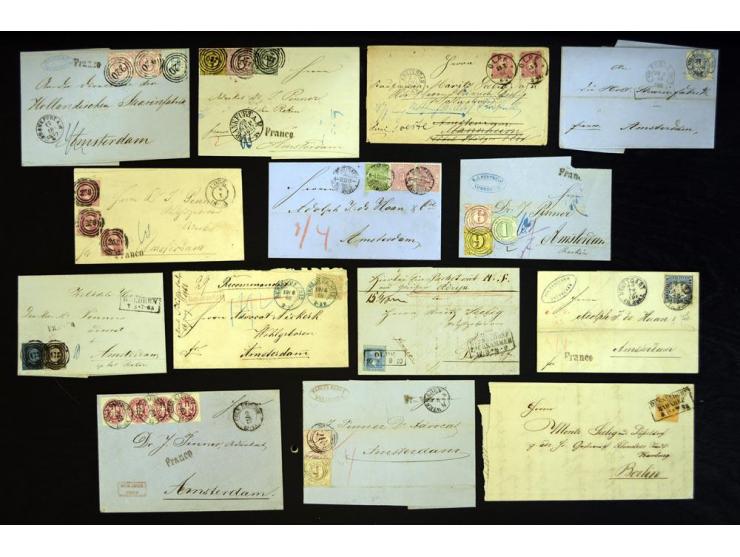 1857/74 (ca.), über 60 frankierte Briefe aus einer Firmen- und Familienkorrespondenz nach Amsterdam, dabei viele interessante