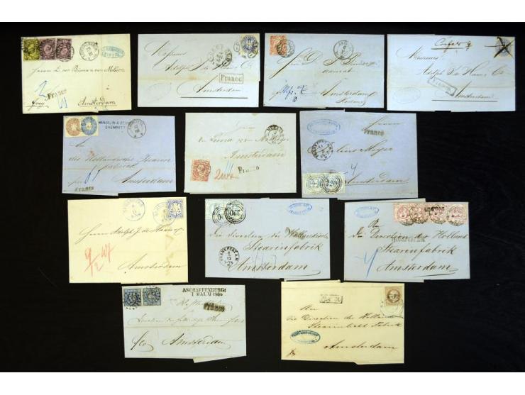 1857/74 (ca.), über 60 frankierte Briefe aus einer Firmen- und Familienkorrespondenz nach Amsterdam, dabei viele interessante