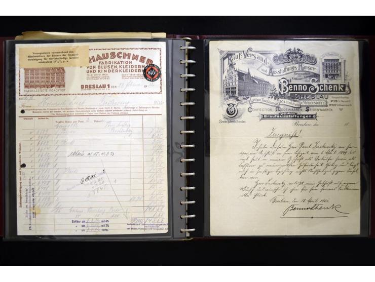 BRESLAU: 1658/1945 (ca.), umfangreiche Material-Sammlung mit hunderten von Firmenrechnungen, Quittungen, diversen Anschreiben
