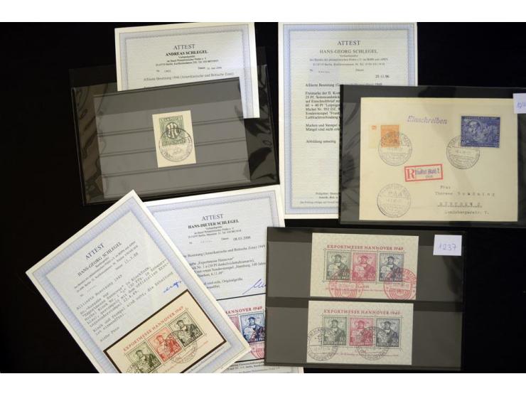 1945/49, interessante und hochwertige Partie, dabei Gemeinschaftsausgaben Mi.-Nr. 948U aus der rechten oberen Bogenecke, gest