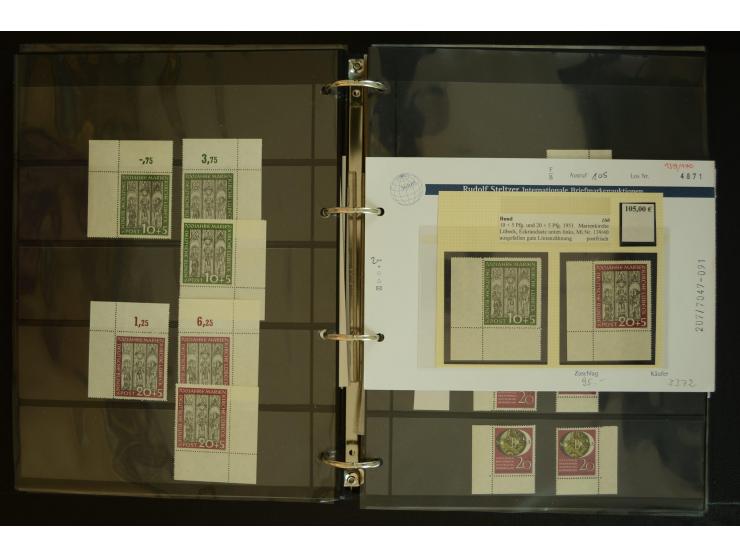 1949/95, postfrische Spezialsammlung, fast ausschließlich Rand- und vor allem Eckrandstücke, dabei auch Paare und 4er-Blocks,