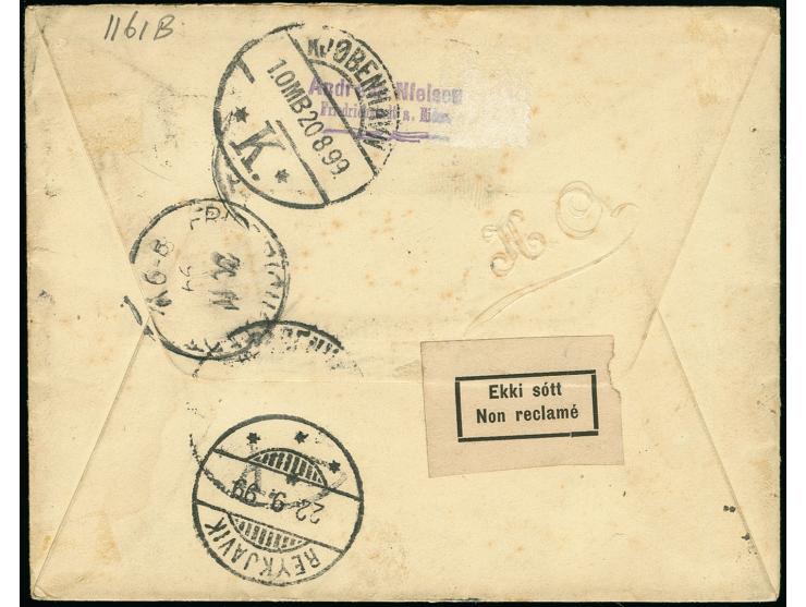 10 Pfg. rot im senkrechten Paar auf Brief von "FRIEDRICHSTADT 18.8.99" via Kopenhagen nach Rejkavik mit Ankunftsstempel und r