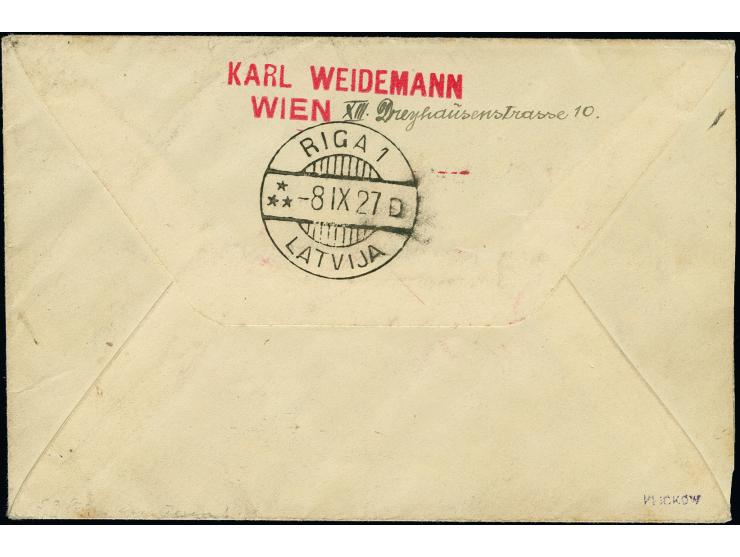MISC. ITEMS: Austria Airmail  50 g. and 1 s. tied by cds. "FLUGPOST 6 IX 27" to registered airmail cover to Riga, not deliver