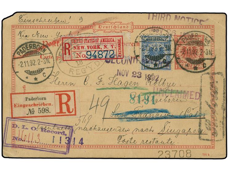 20 Pfg. blau auf Ganzsachenkarte 10 Pfg. als R-Karte von "PADERBORN 2.11.92" via New York mit Transit-R-Zettel nach San Frans